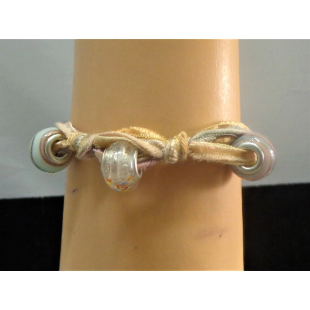 Pastel multi cords of silk 9 in anklet, hand knotted beaded clear, beige glass !